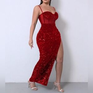 Red Sequin Spliced Mesh Adjustable Strap Dress